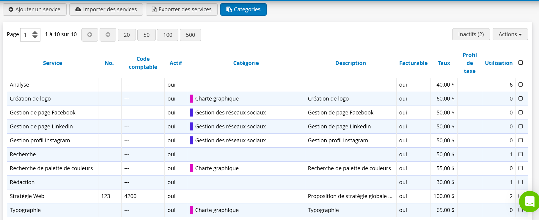 Types de services pour un devis ou facture agence marketing Logiciel