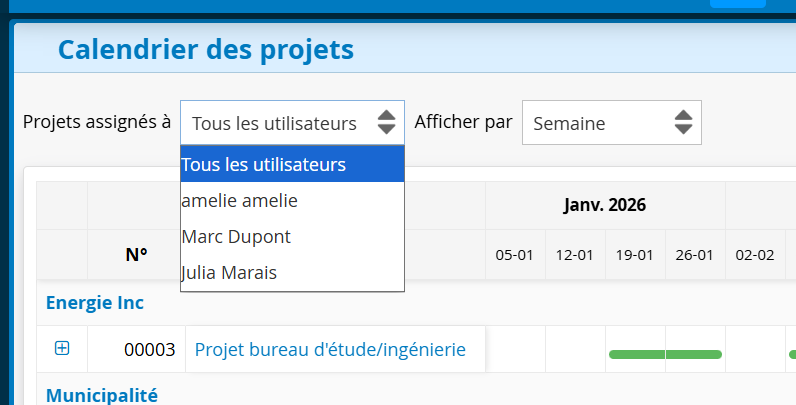 Affichage par utilisateur du calendrier des projets