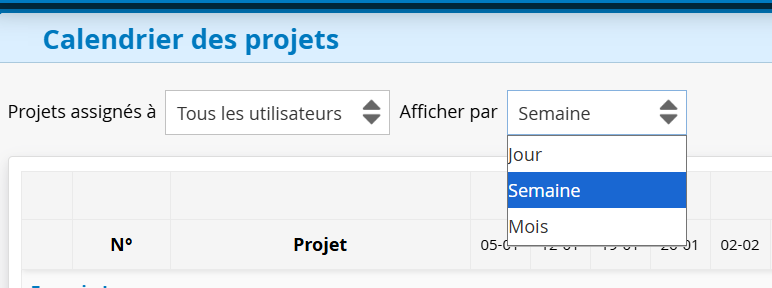 Affichage temporel du calendrier des projets
