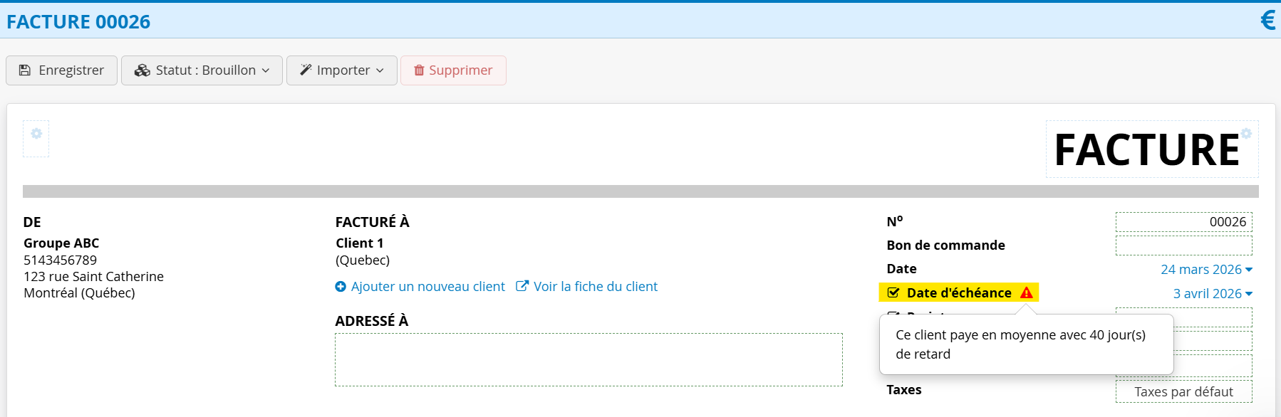 Alerte retard de paiement sur une facture