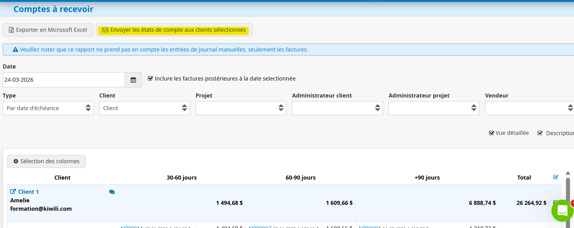 Envoi etat de compte en lot facture impayée