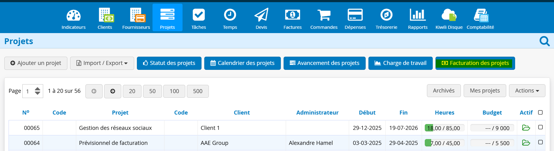 Facturation des projets entree de temps