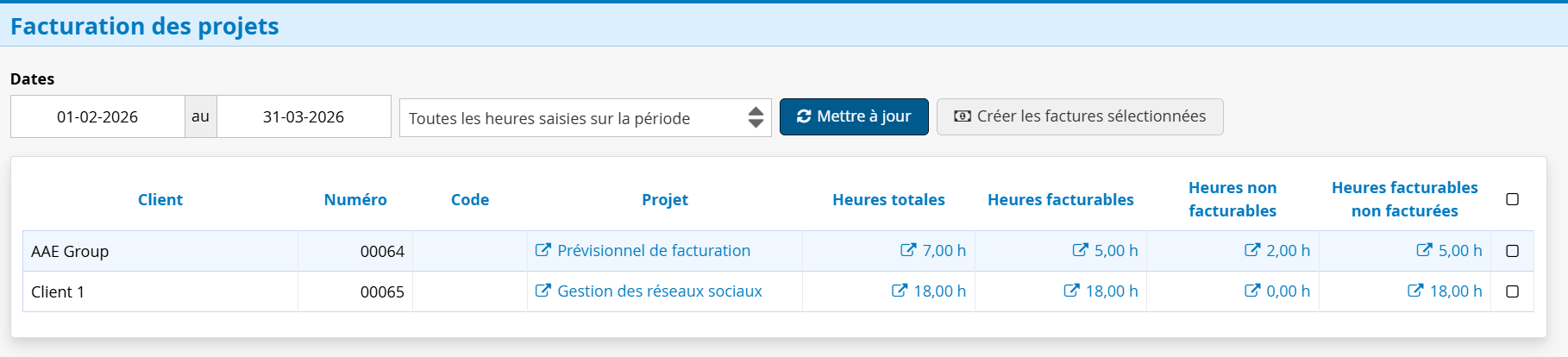 Facturation en lot des heures des projets