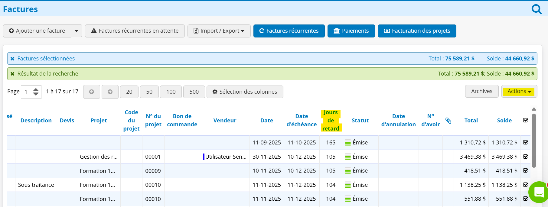 Factures tri par jour de retard de paiement