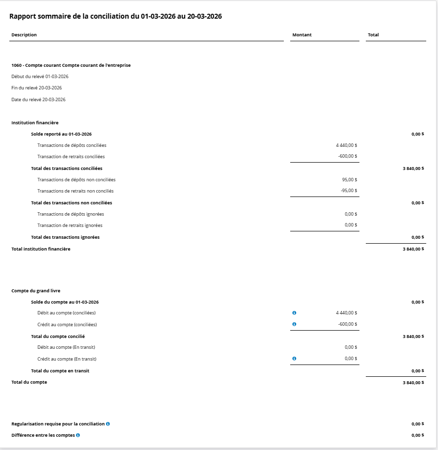 Rapport de conciliation bancaire sommaire Logiciel