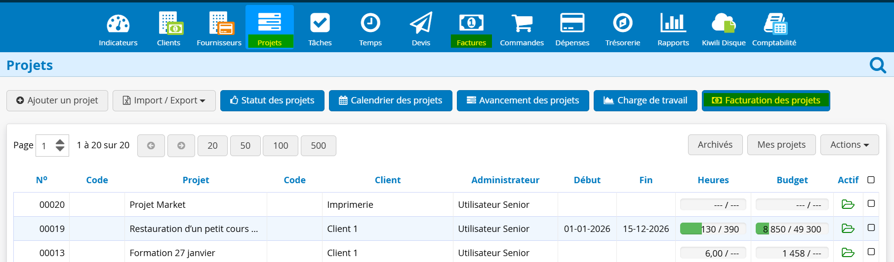 Bouton facturation des projets