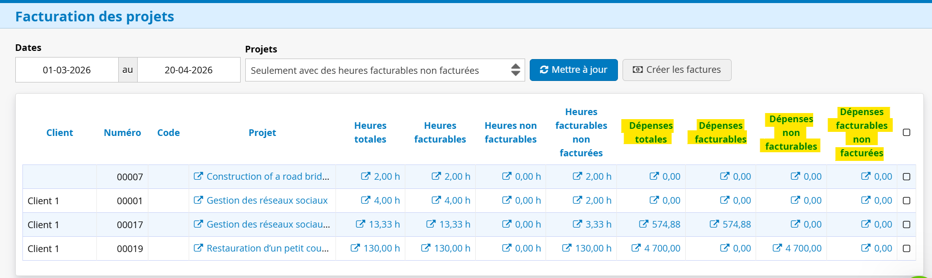 Facturation des projets depenses facturables en lots