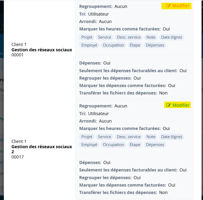 Modifier les options de facturation des dépenses et heures