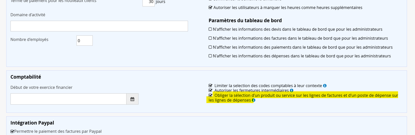 Obliger la sélection d'un produit ou service sur les lignes de factures et d'un poste de dépense sur les lignes de dépenses