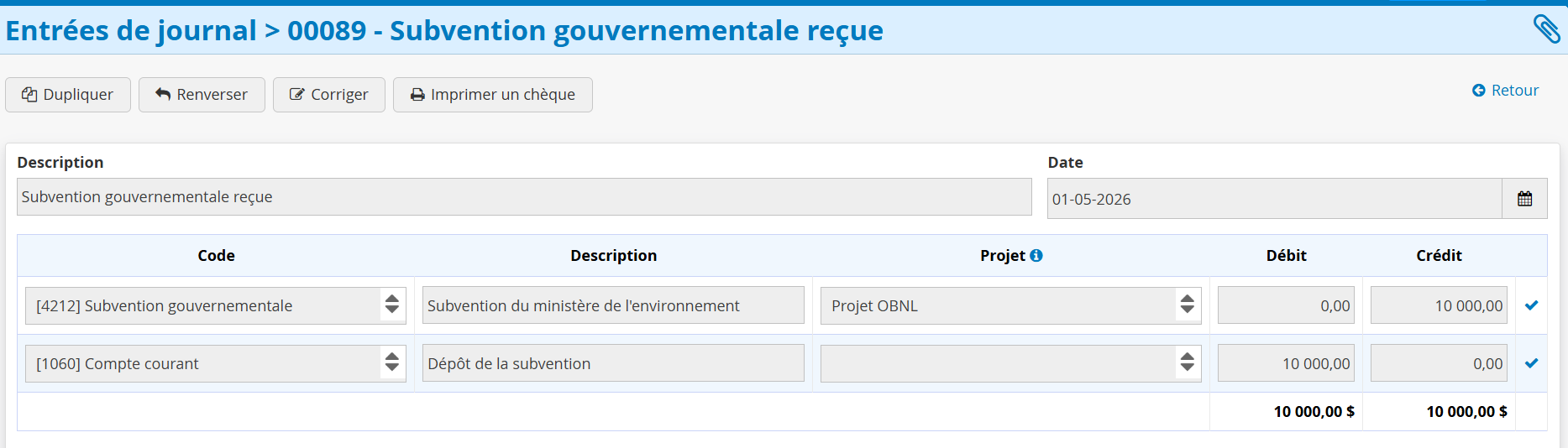 Subvention Comptabilité par projet OBNL