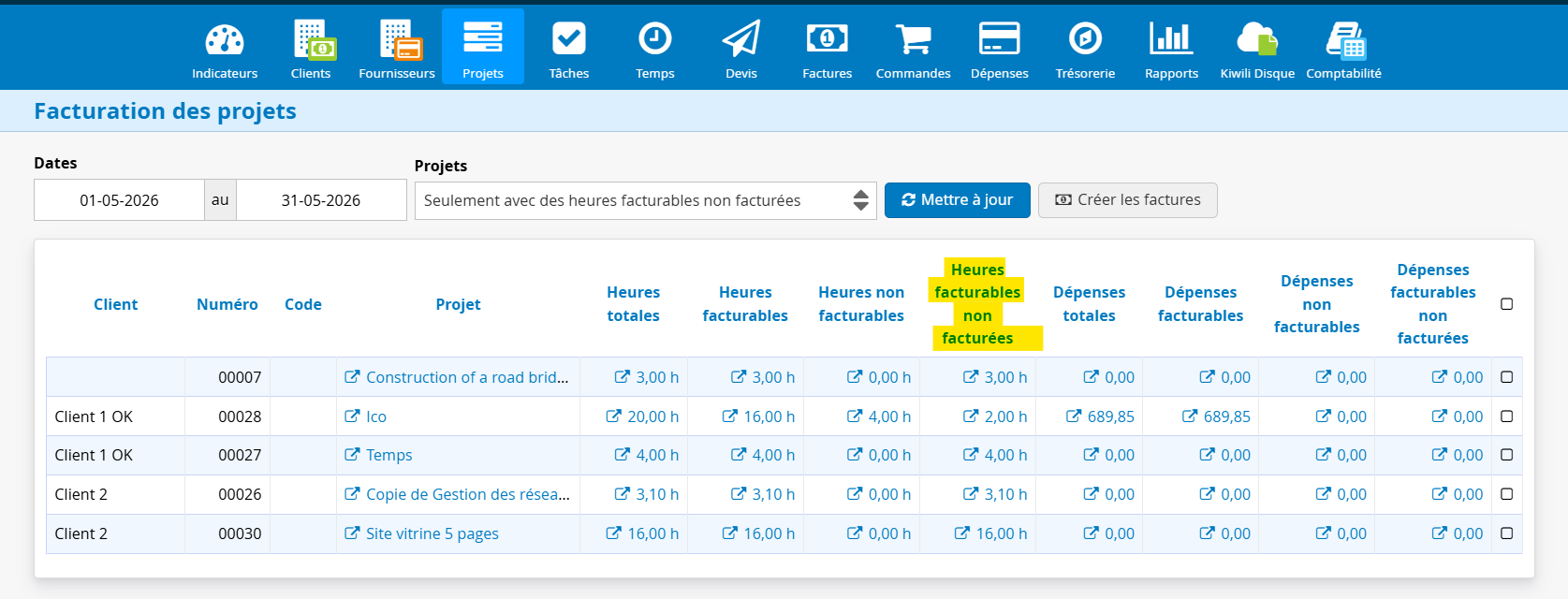 Facturation du temps de travail en lot sur plusieurs projets
