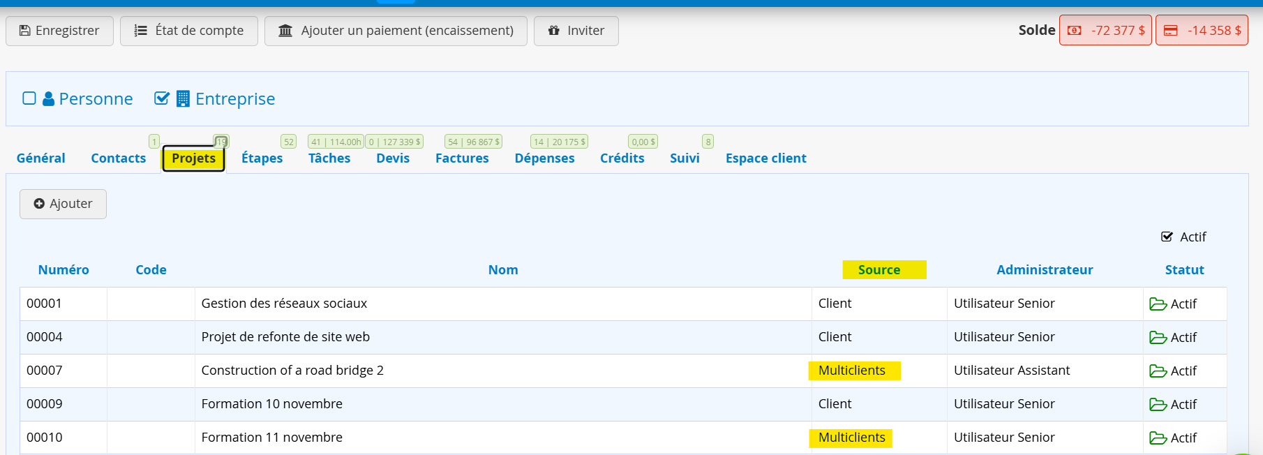 Fiche client centralisation des projets