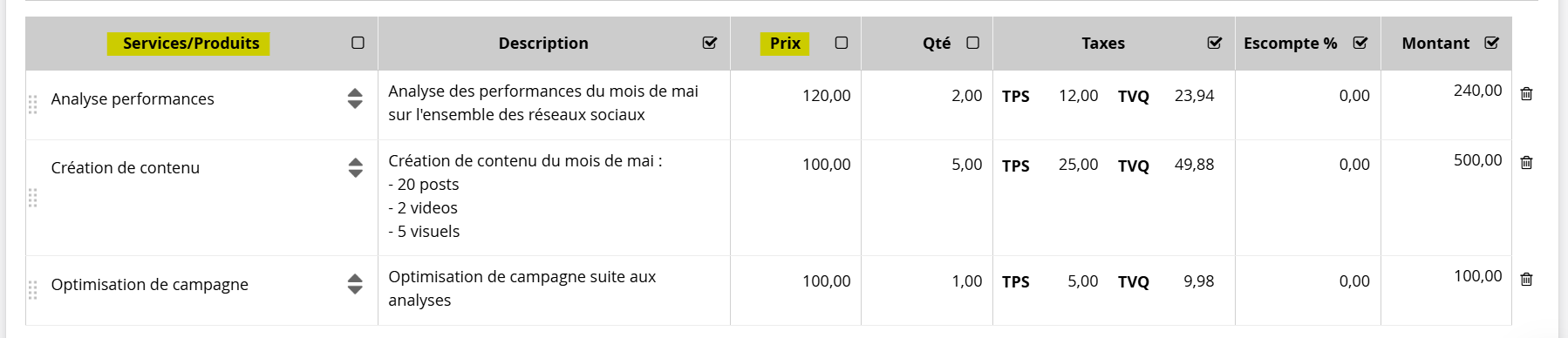 Facture et prix