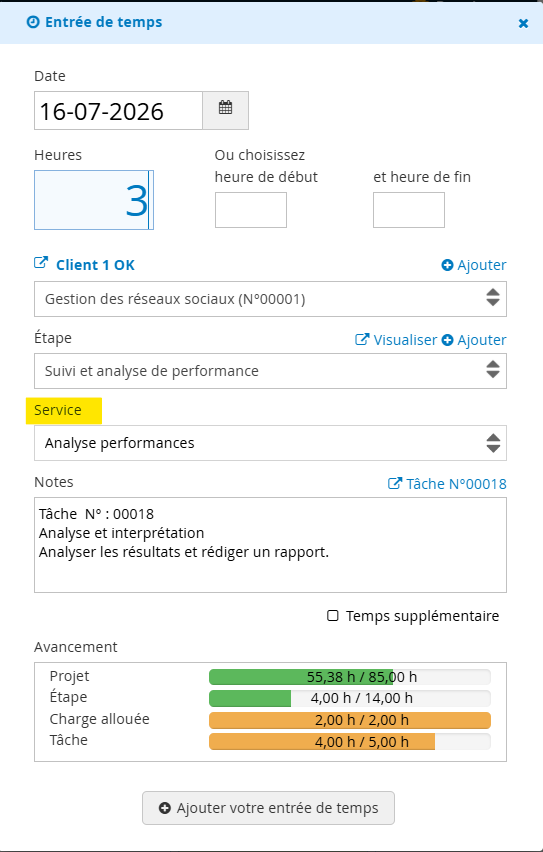 Services et entrées de temps