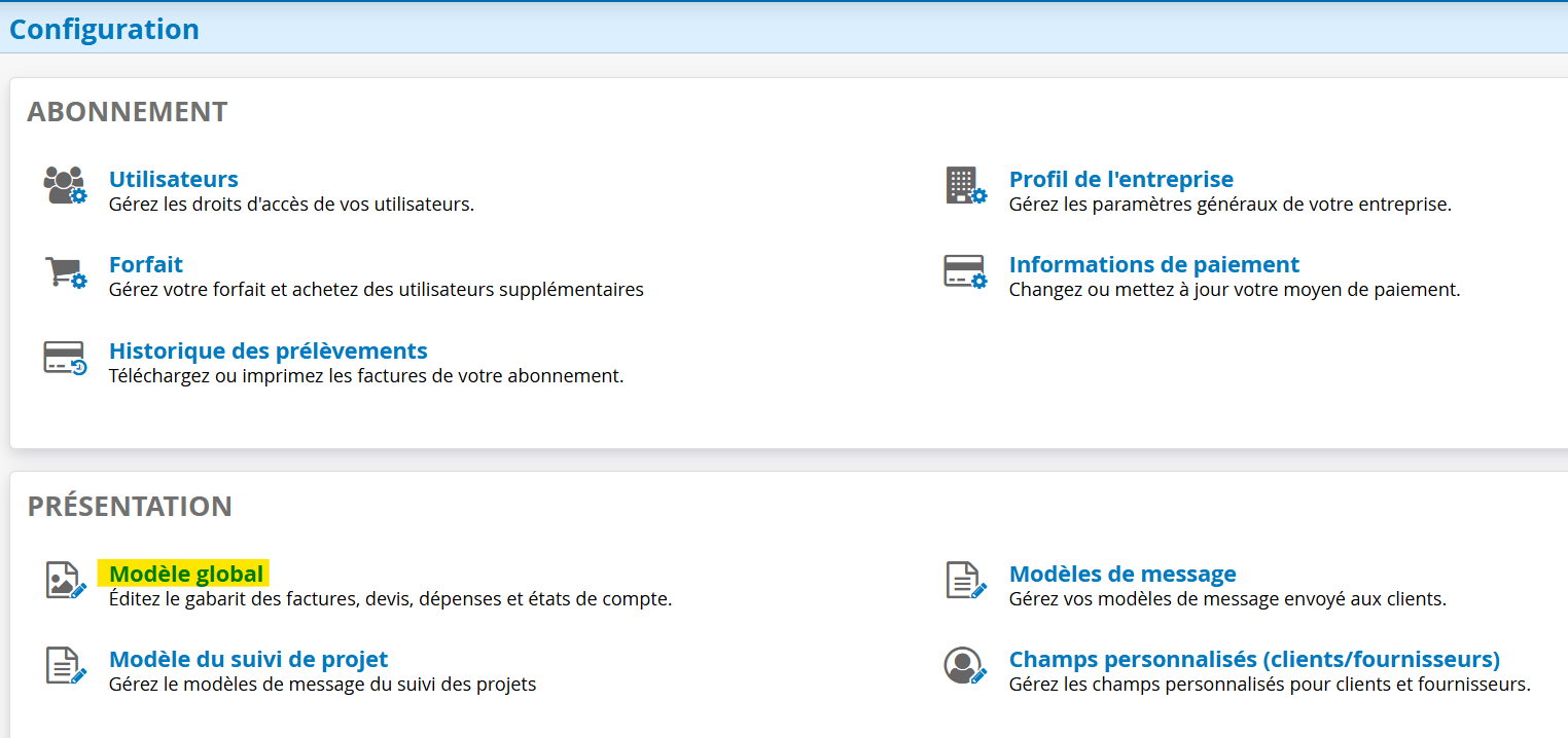 Configuration Modele global