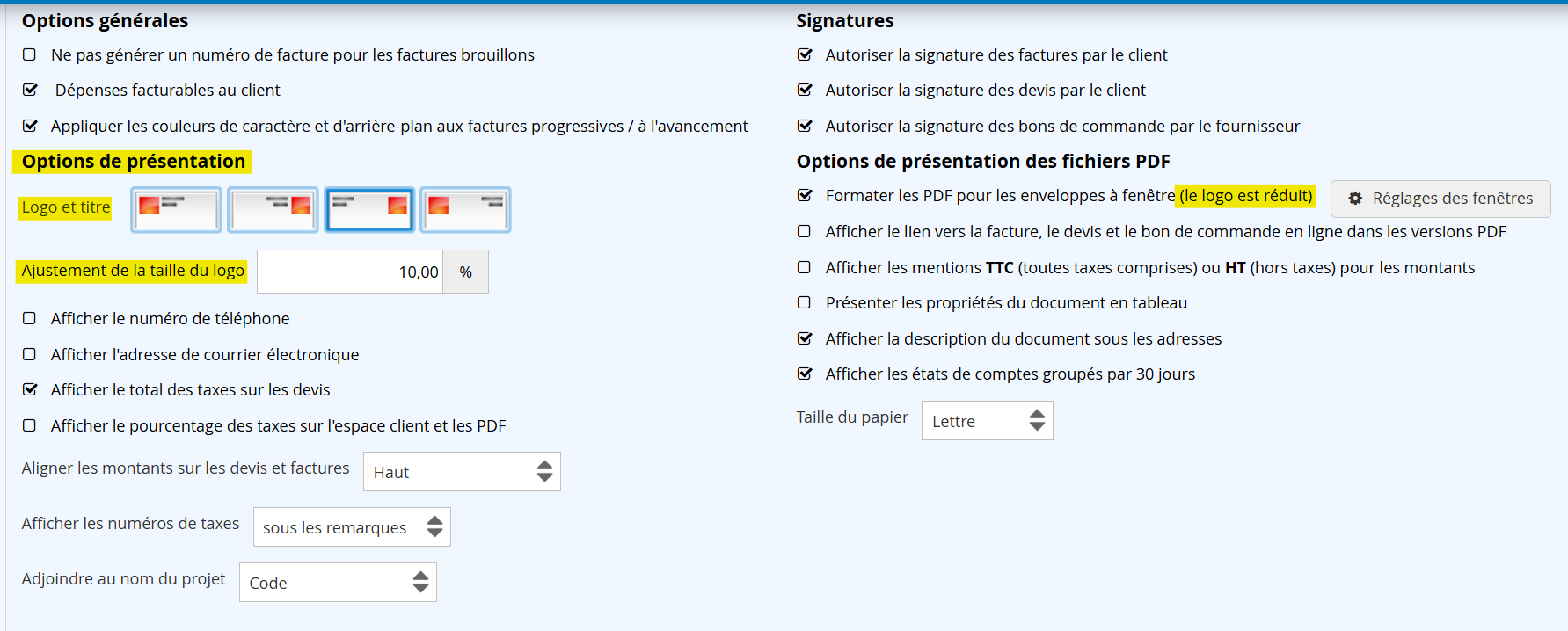 Logo facture parametre