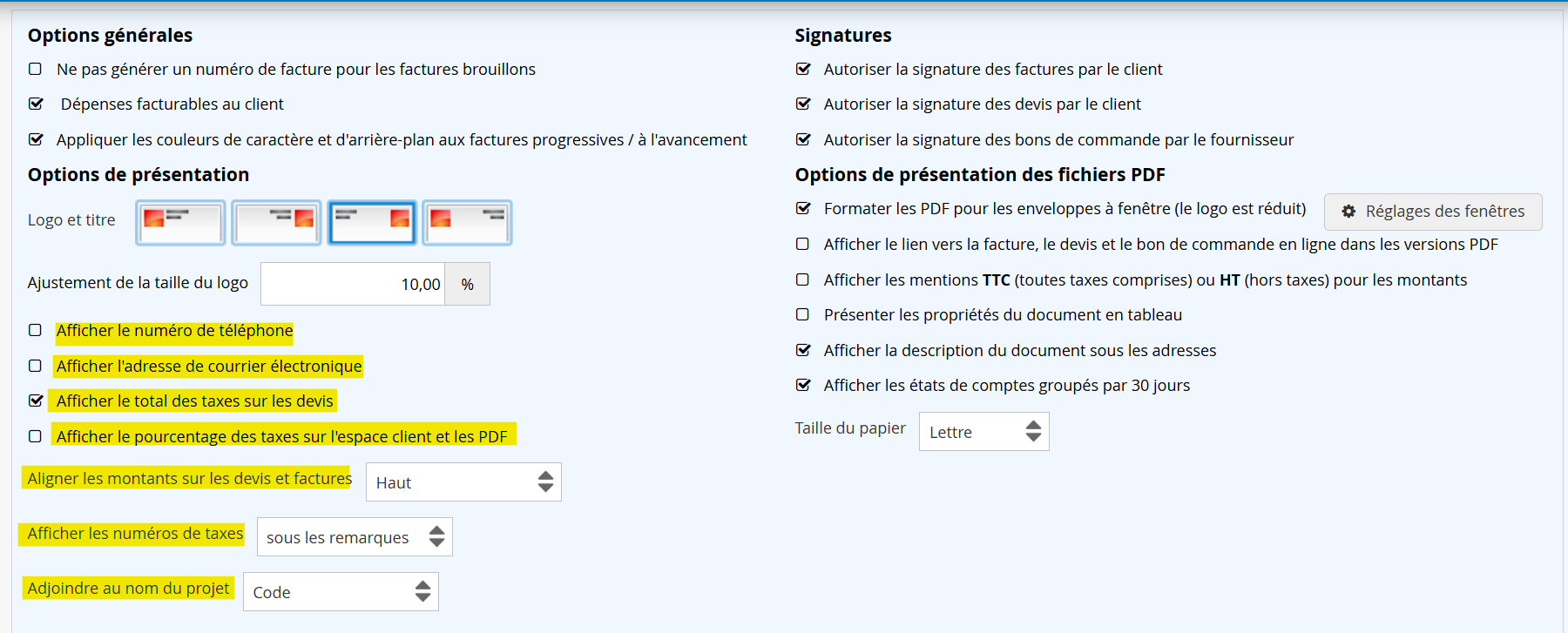 Option de présentation factures devis