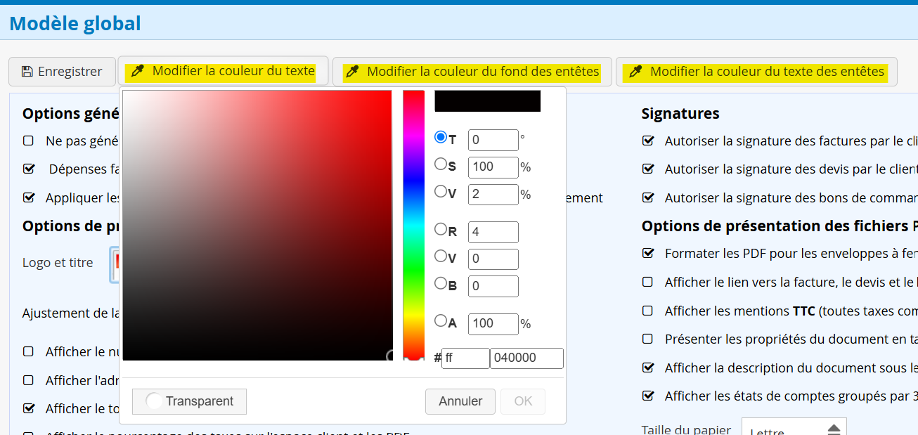 Personnalisation des devis et factures avec les couleurs