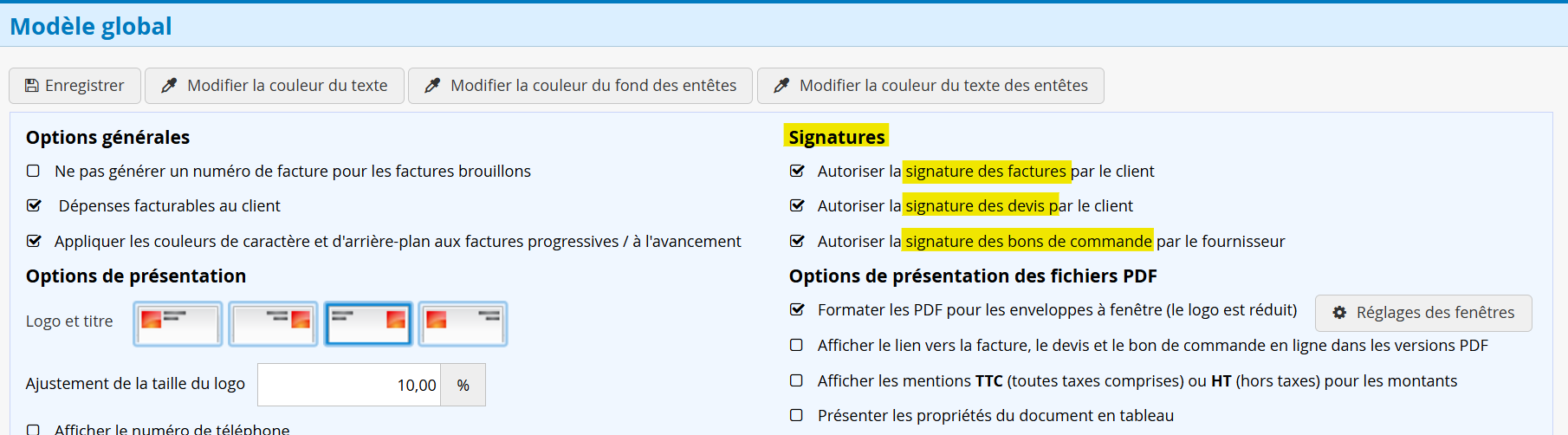 Signature document personnalisation facture devis bons de commande